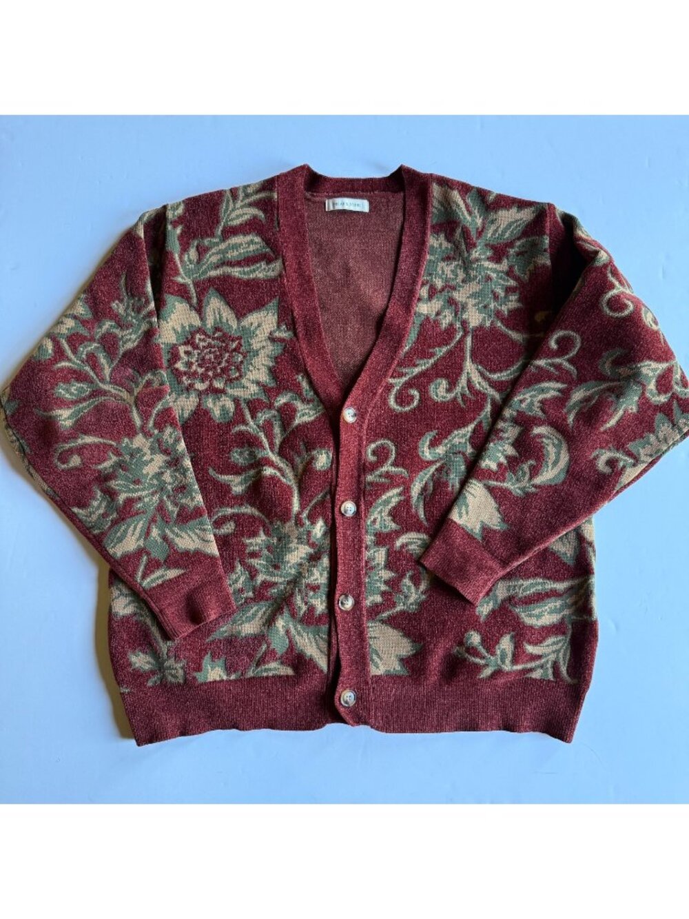 Freak's Store Burgundy Floral Jacquard Cardigan Sweater - Men's Medium